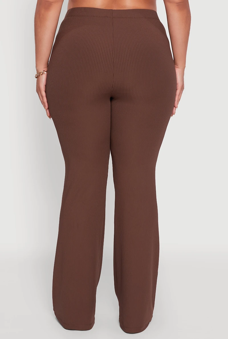 Womens Plus Size Rib Knit High Waisted Pull On Flare Pants, Brown, Size 2X