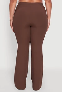 Womens Plus Size Rib Knit High Waisted Pull On Flare Pants, Brown, Size 2X