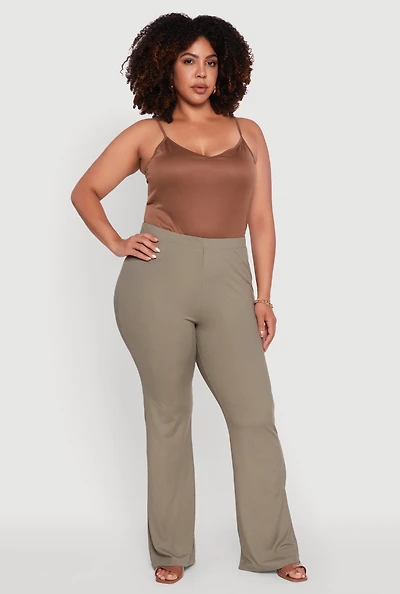 Womens Plus Size Rib Knit High Waisted Pull On Flare Pants, Green, Size 3X