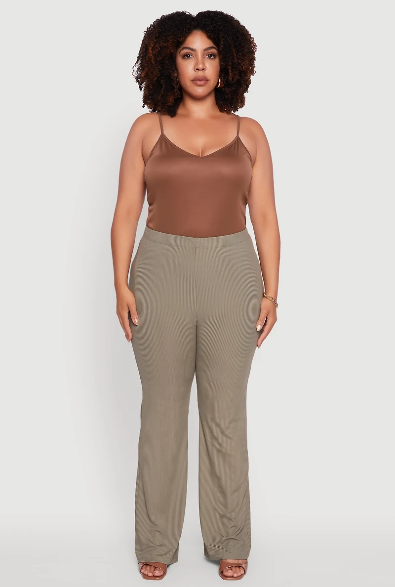 Womens Plus Size Rib Knit High Waisted Pull On Flare Pants, Green, Size 1X