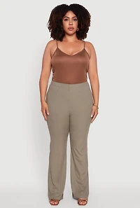 Womens Plus Size Rib Knit High Waisted Pull On Flare Pants, Green, Size 1X