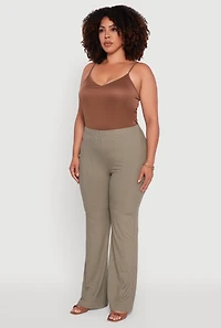 Womens Plus Size Rib Knit High Waisted Pull On Flare Pants, Green, Size 3X