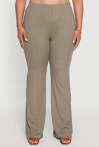 Womens Plus Size Rib Knit High Waisted Pull On Flare Pants, Green, Size 1X