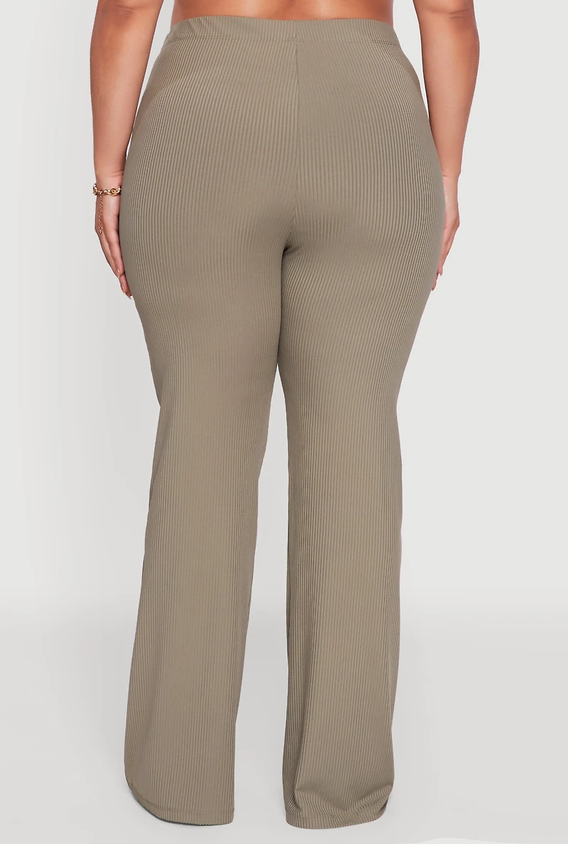 Womens Plus Rib Knit High Waisted Pull On Flare Pants, Green,