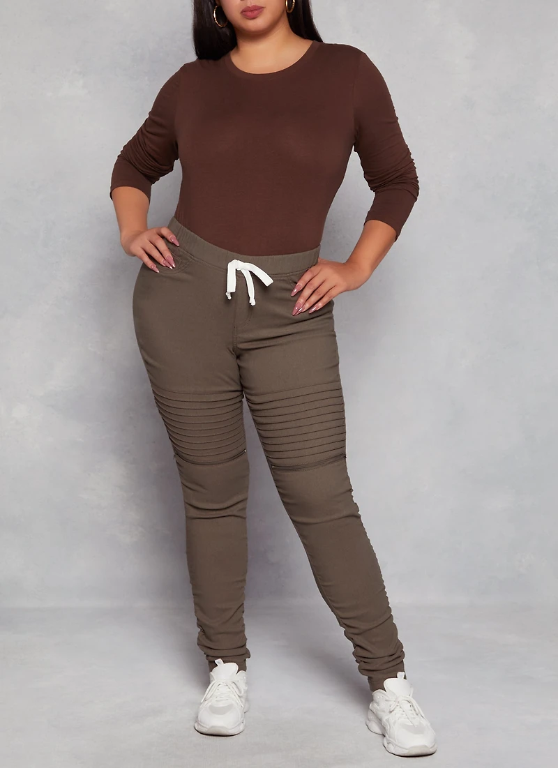 Womens Plus Size Faux Drawstring Moto Ruched Pants, Green, Size 1X