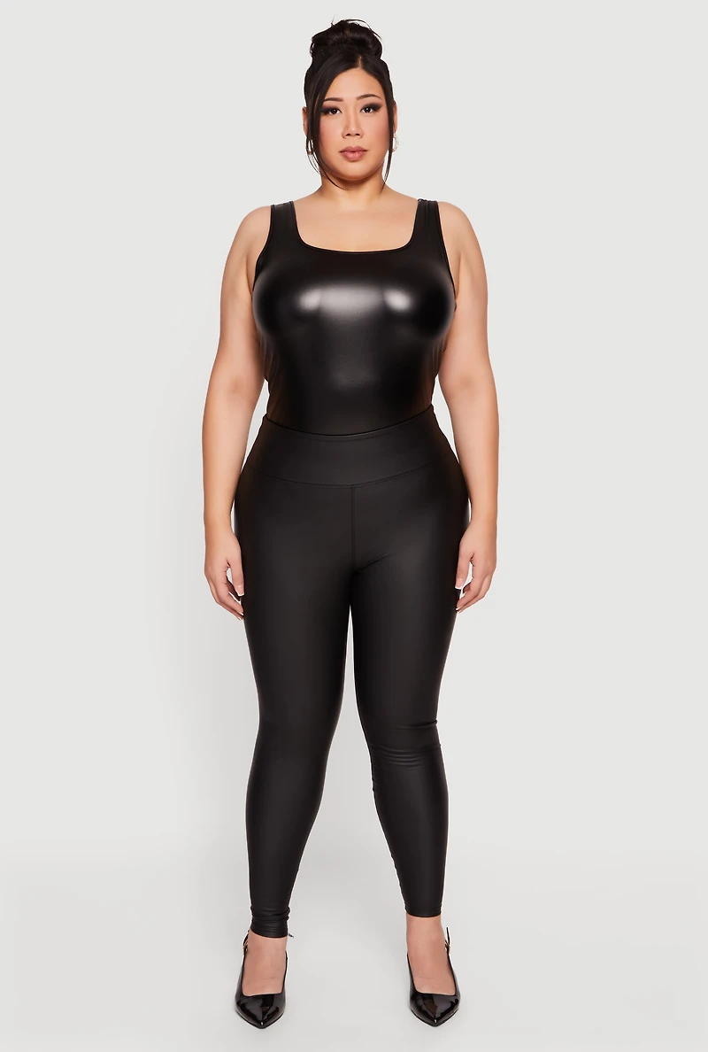 Womens Plus High Waisted Faux Leather Leggings, Black,