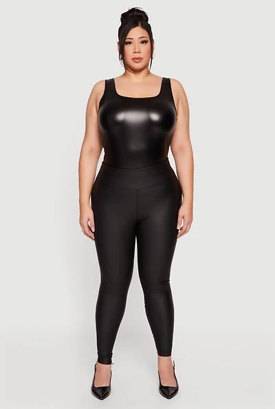 Womens Plus High Waisted Faux Leather Leggings, Black,