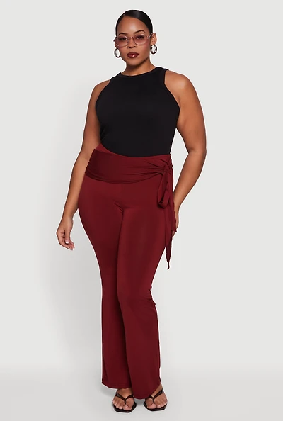 Womens Plus Size High Waisted Flare Dress Pants with Side Tie, Burgundy, Size 3X