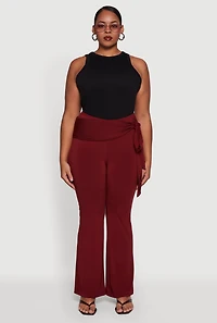 Womens Plus High Waisted Flare Dress Pants with Side Tie, Burgundy,
