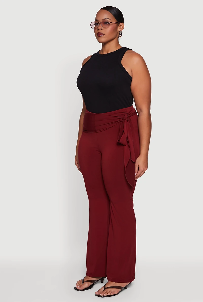 Womens Plus High Waisted Flare Dress Pants with Side Tie, Burgundy,