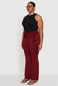 Womens Plus High Waisted Flare Dress Pants with Side Tie, Burgundy,