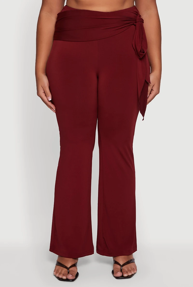Womens Plus High Waisted Flare Dress Pants with Side Tie, Burgundy,