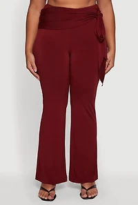 Womens Plus High Waisted Flare Dress Pants with Side Tie, Burgundy,