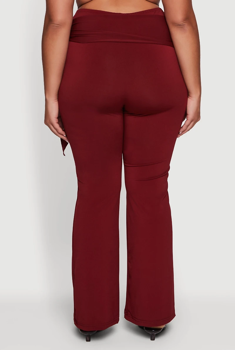 Womens Plus High Waisted Flare Dress Pants with Side Tie, Burgundy,