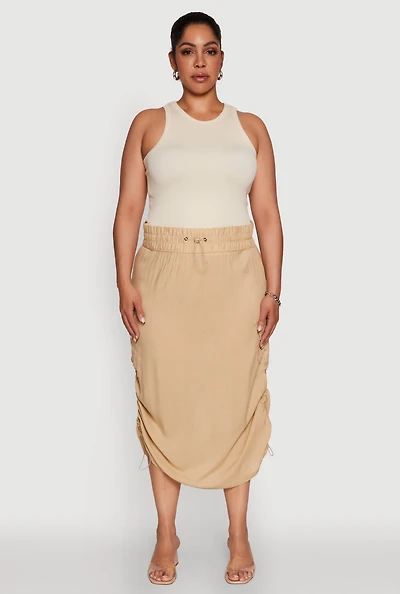 Womens Plus Size Trendy Toggle Drawstring High Waisted Utility Skirt, Khaki, Size 1X