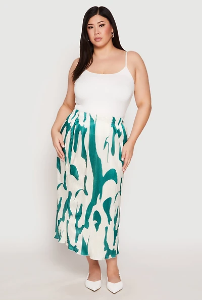 Womens Plus Size Plisse Abstract Print Midi Skirt, Multi, Size 2X