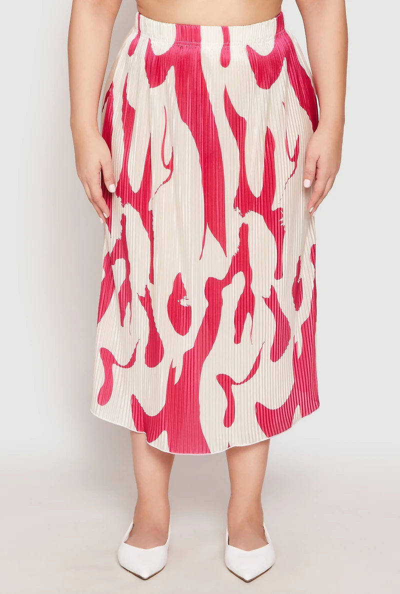 Womens Plus Size Plisse Abstract Print Midi Skirt, Multi, Size 3X