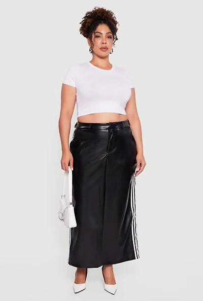Womens Plus Size Faux Leather Maxi Skirt with Side Stripes, Black, Size 3X
