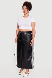 Womens Plus Size Faux Leather Maxi Skirt with Side Stripes, Black, Size 3X