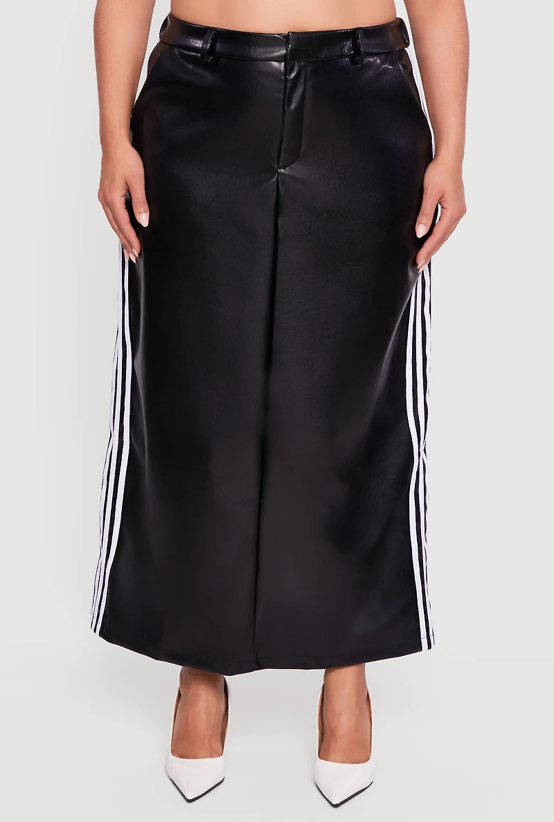 Womens Plus Size Faux Leather Maxi Skirt with Side Stripes, Black, Size 3X