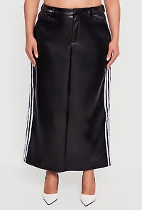 Womens Plus Size Faux Leather Maxi Skirt with Side Stripes, Black, Size 3X