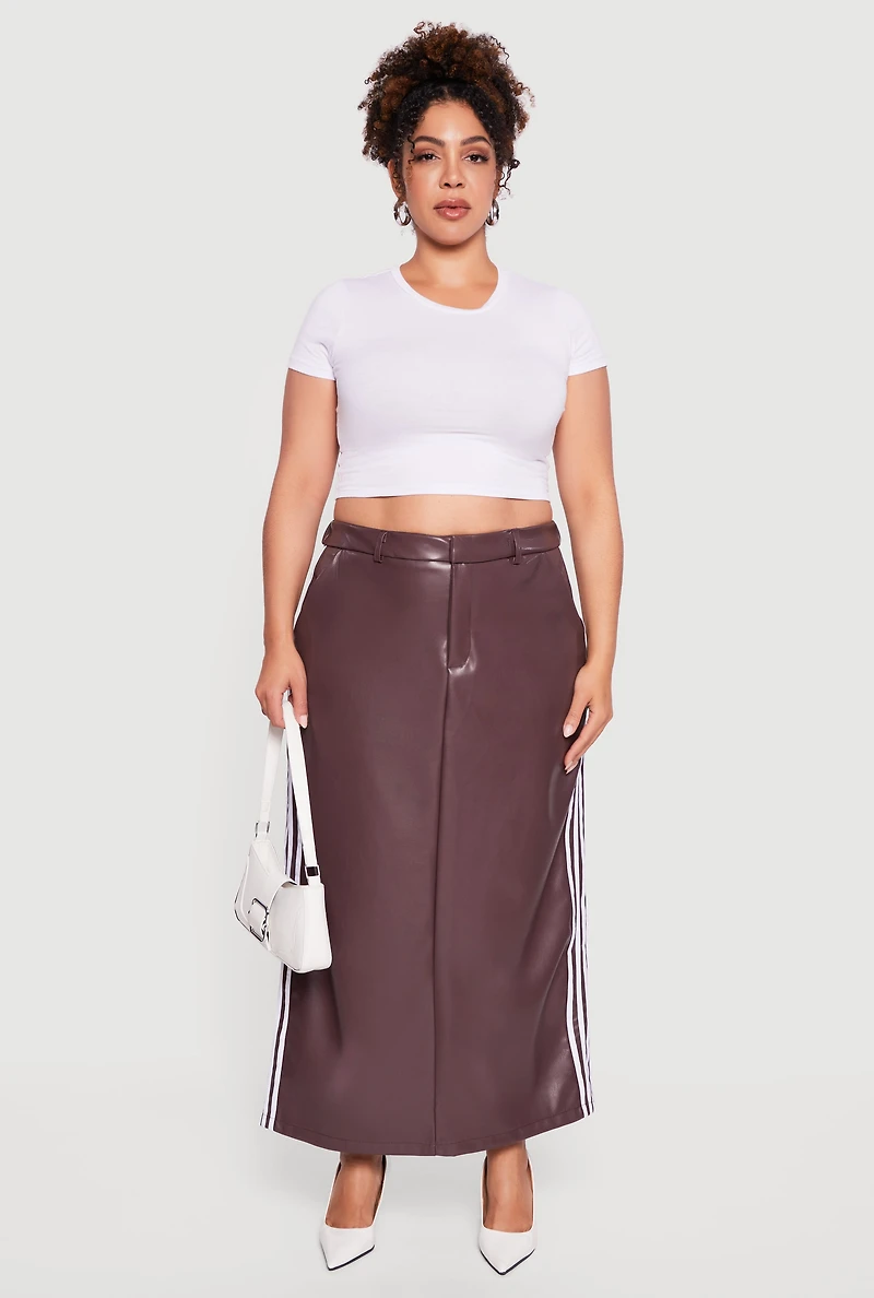 Plus Faux Leather Maxi Skirt with Side Stripes
