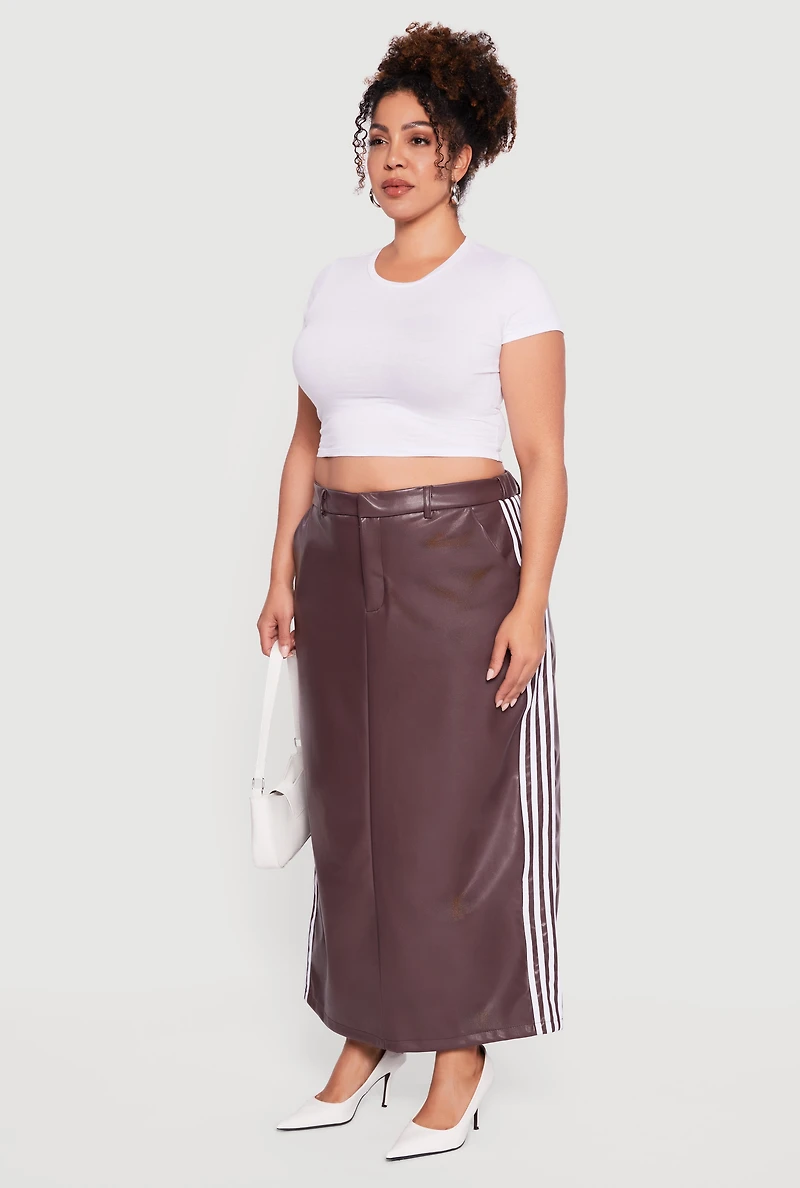 Plus Faux Leather Maxi Skirt with Side Stripes