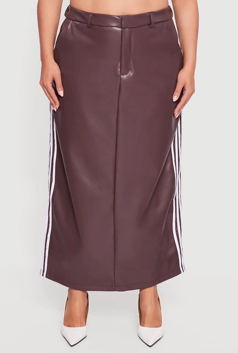 Womens Plus Size Faux Leather Maxi Skirt with Side Stripes, Burgundy, Size 2X