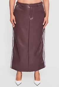 Womens Plus Size Faux Leather Maxi Skirt with Side Stripes, Burgundy, Size 2X