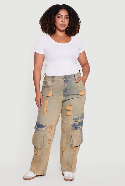 Plus High Waisted Distressed Acid Wash Jeans