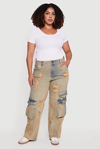 Plus High Waisted Distressed Acid Wash Jeans
