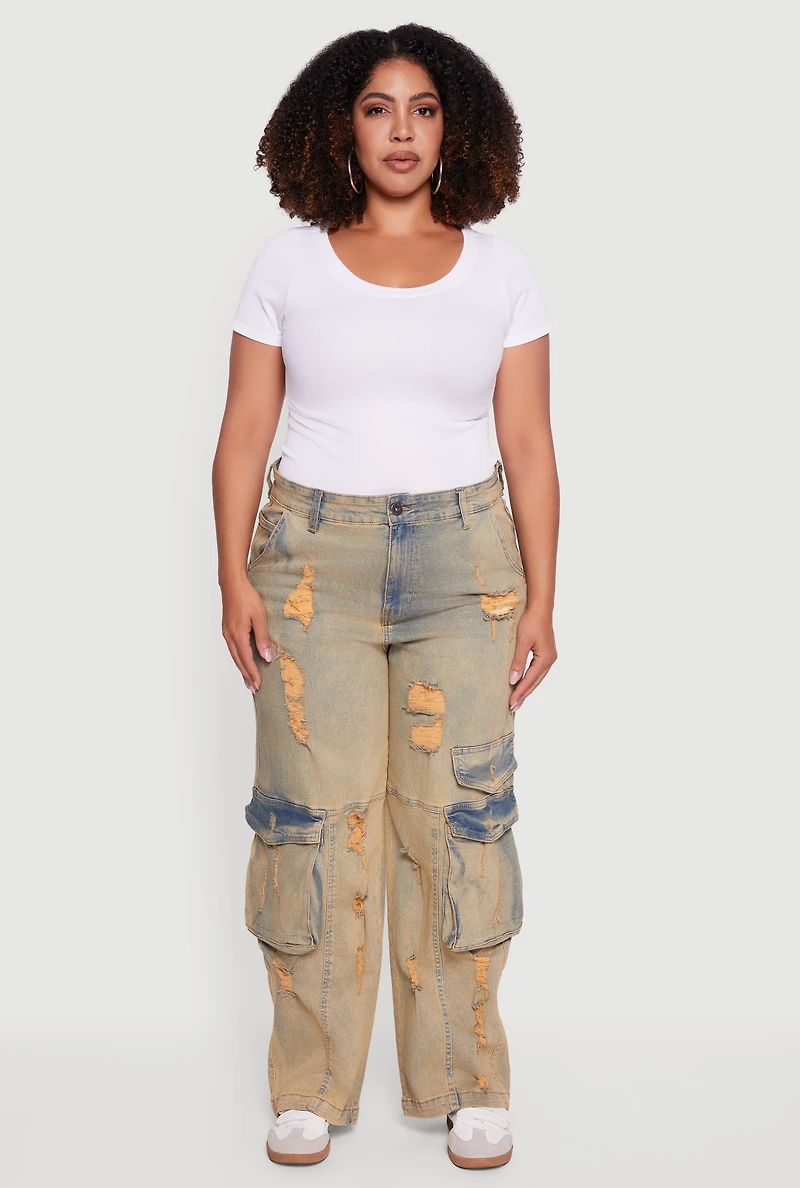 Womens Plus Size High Waisted Distressed Acid Wash Jeans, Yellow, Size 20