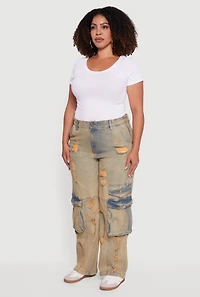 Womens Plus Size High Waisted Distressed Acid Wash Jeans, Yellow, Size 16