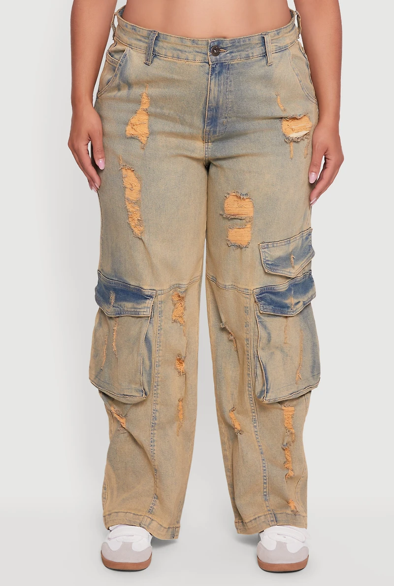 Womens Plus Size High Waisted Distressed Acid Wash Jeans, Yellow, Size 3X