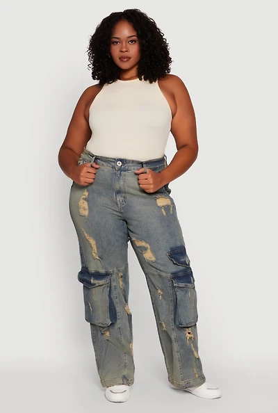 Womens Plus High Waisted Distressed Acid Wash Jeans,