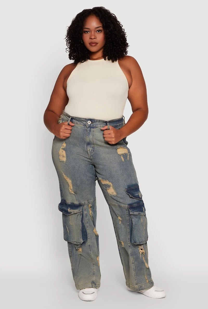 Plus High Waisted Distressed Acid Wash Jeans