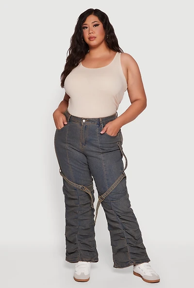 Womens Plus High Waisted Wide Leg Stacked Jeans with Buckles, Blue,