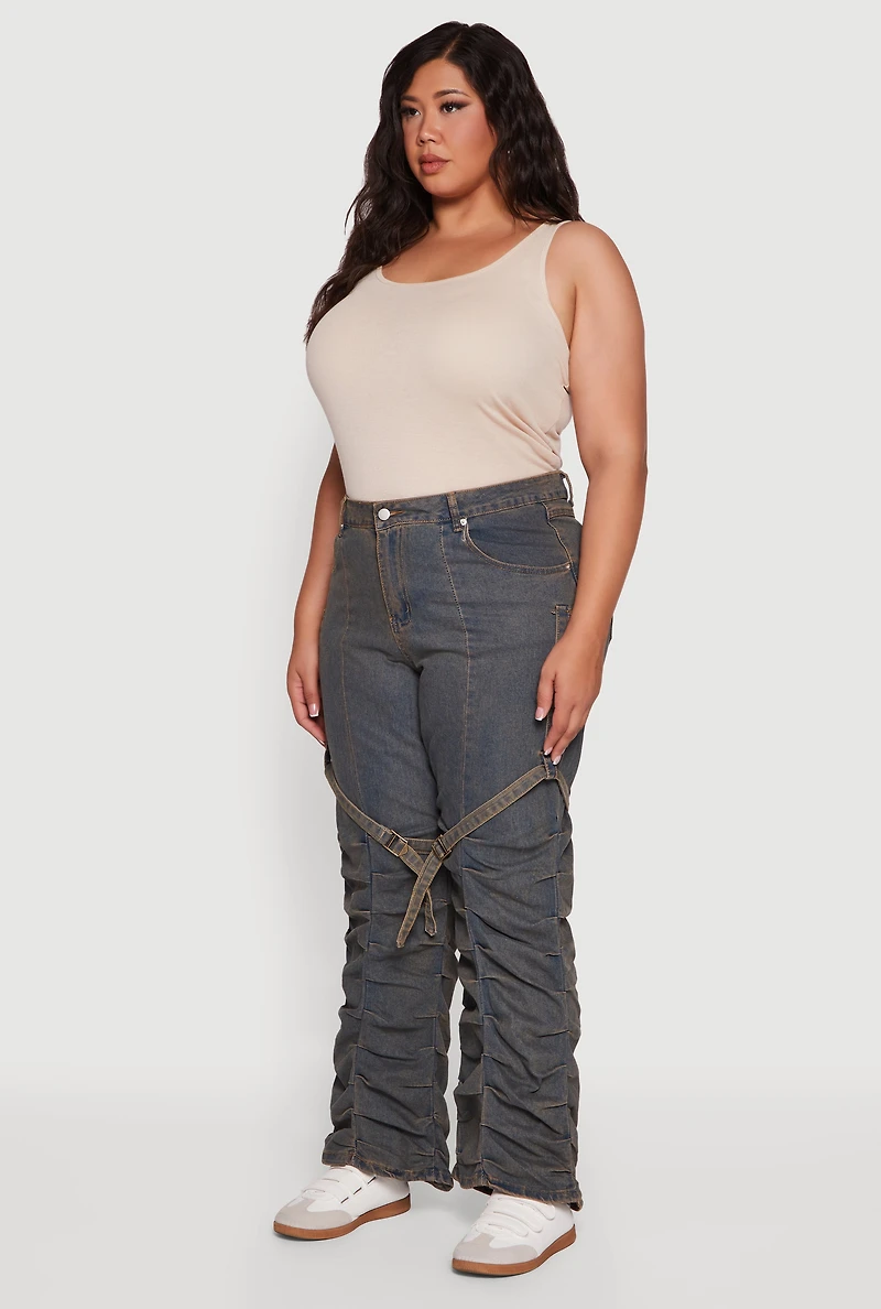 Womens Plus Size High Waisted Wide Leg Stacked Jeans with Buckles, Blue, Size 1X