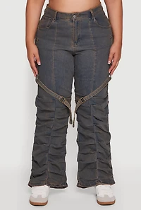 Womens Plus Size High Waisted Wide Leg Stacked Jeans with Buckles, Blue, Size 1X