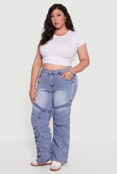 Womens Plus Size High Waisted Wide Leg Stacked Jeans with Buckles, Blue, Size 1X