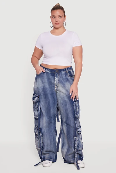 Plus Acid Wash Wide Leg Strap Cargo Jeans