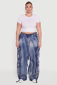 Plus Acid Wash Wide Leg Strap Cargo Jeans