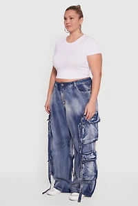 Plus Acid Wash Wide Leg Strap Cargo Jeans