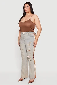 Womens Plus Size High Waisted Acid Wash Patch and Repair Jeans, Blue, Size 1X