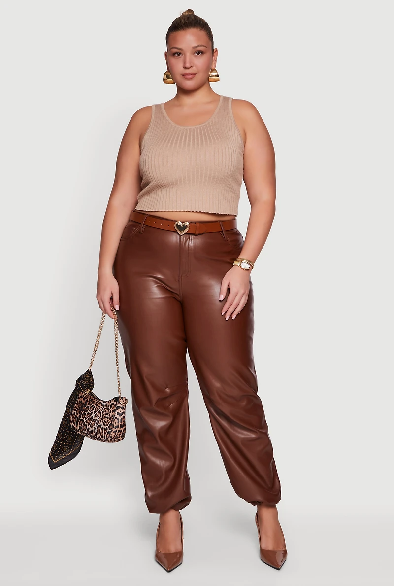 Plus Fleece Lined High Waisted Faux Leather Joggers