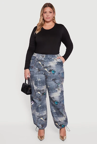 Womens Plus Size High Waisted Printed Pattern Drawstring Joggers, Blue, Size 3X