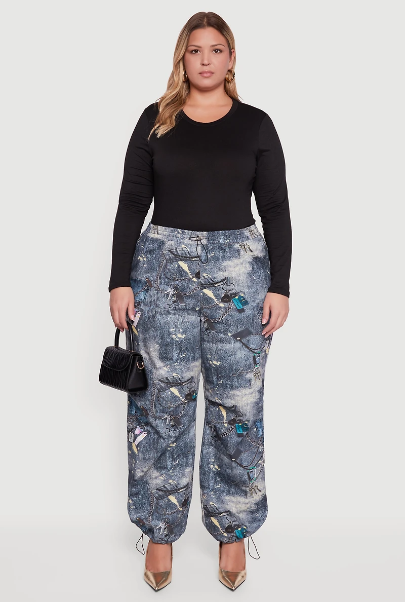 Womens Plus Size High Waisted Printed Pattern Drawstring Joggers, Blue, Size 3X