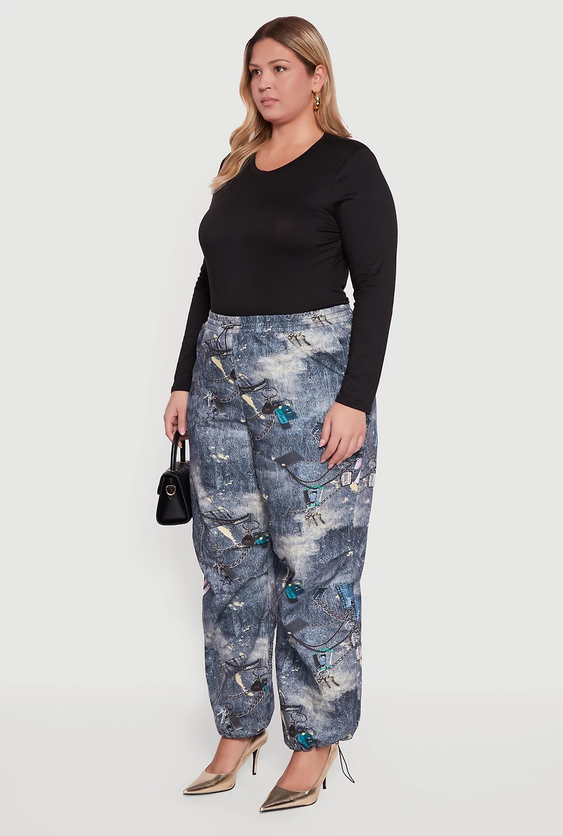 Womens Plus Size High Waisted Printed Pattern Drawstring Joggers, Blue, Size 3X