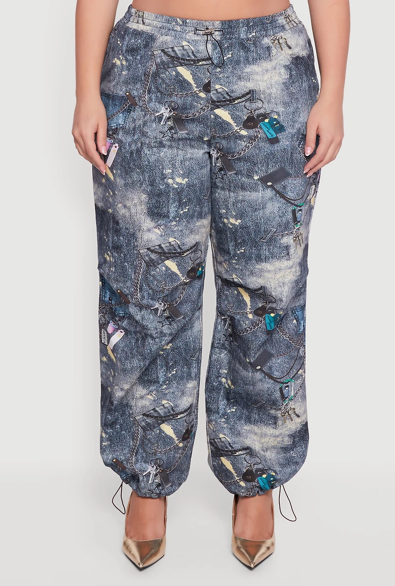 Womens Plus Size High Waisted Printed Pattern Drawstring Joggers, Blue, Size 3X