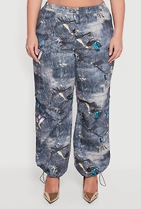 Womens Plus Size High Waisted Printed Pattern Drawstring Joggers, Blue, Size 3X